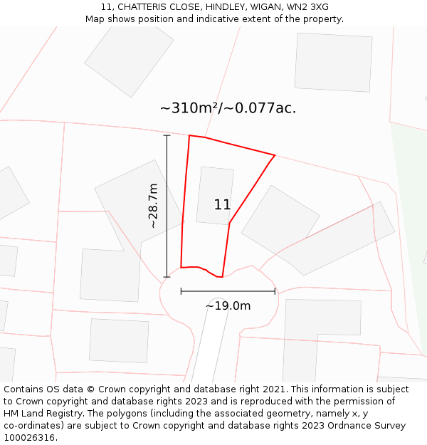 11, CHATTERIS CLOSE, HINDLEY, WIGAN, WN2 3XG: Plot and title map