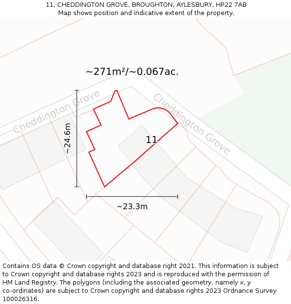 11, CHEDDINGTON GROVE, BROUGHTON, AYLESBURY, HP22 7AB: Plot and title map