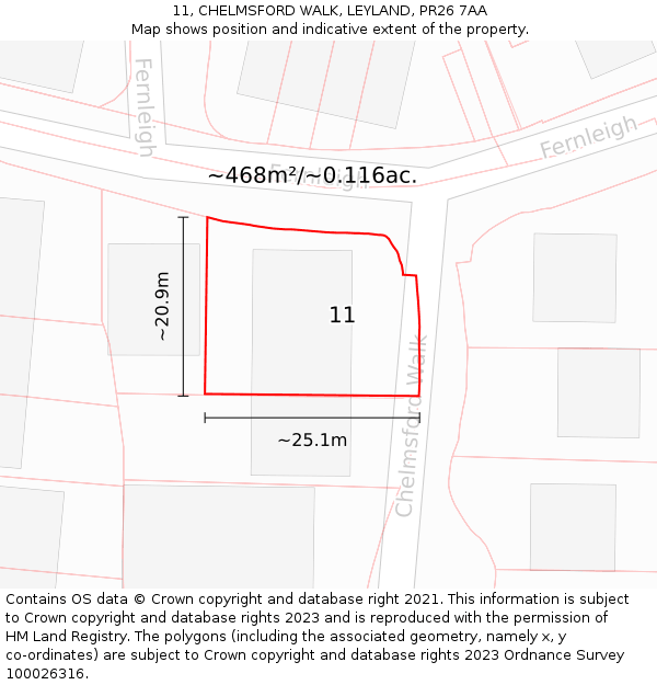 11, CHELMSFORD WALK, LEYLAND, PR26 7AA: Plot and title map