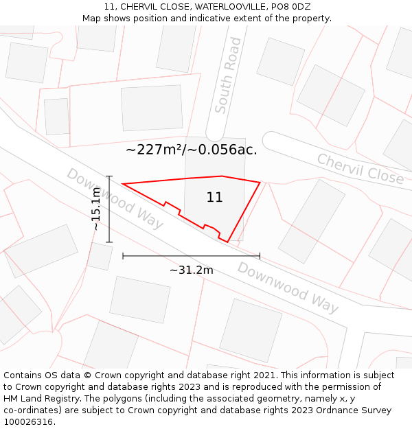 11, CHERVIL CLOSE, WATERLOOVILLE, PO8 0DZ: Plot and title map