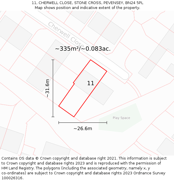 11, CHERWELL CLOSE, STONE CROSS, PEVENSEY, BN24 5PL: Plot and title map