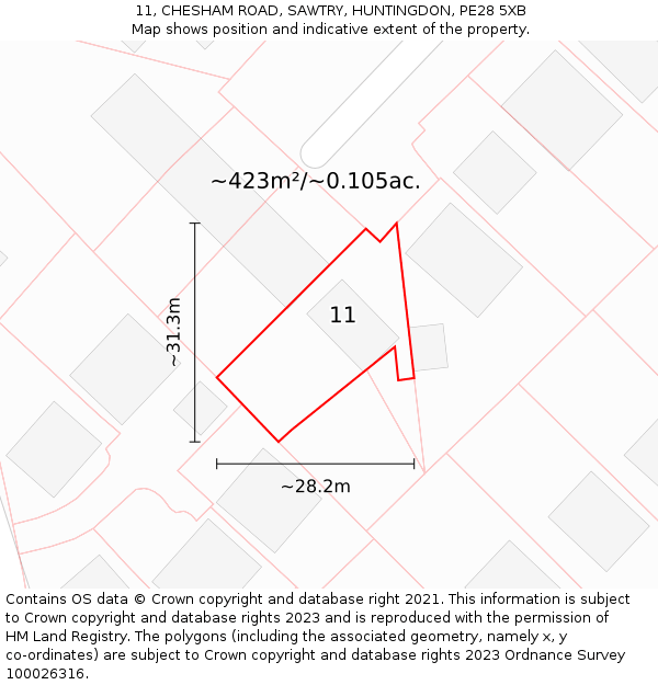 11, CHESHAM ROAD, SAWTRY, HUNTINGDON, PE28 5XB: Plot and title map