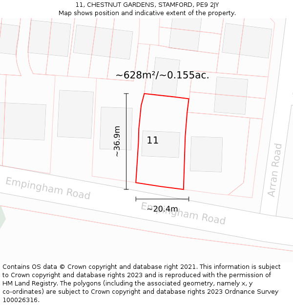 11, CHESTNUT GARDENS, STAMFORD, PE9 2JY: Plot and title map