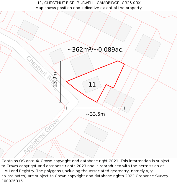 11, CHESTNUT RISE, BURWELL, CAMBRIDGE, CB25 0BX: Plot and title map