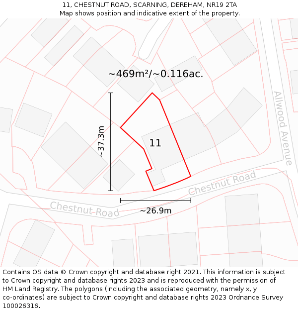 11, CHESTNUT ROAD, SCARNING, DEREHAM, NR19 2TA: Plot and title map