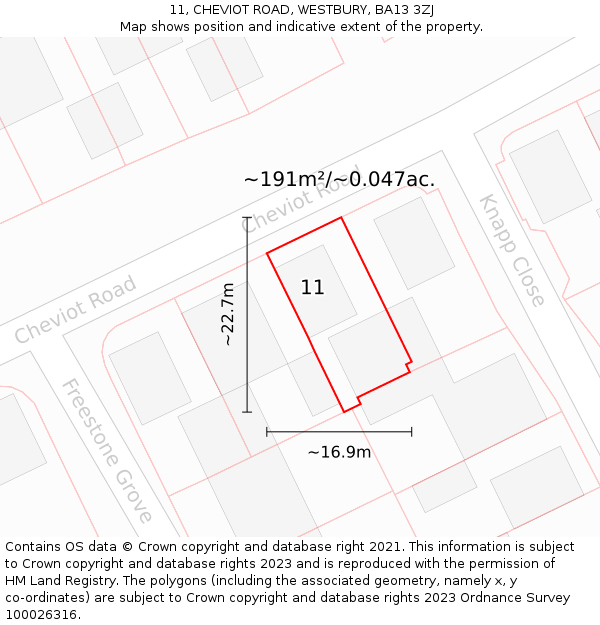 11, CHEVIOT ROAD, WESTBURY, BA13 3ZJ: Plot and title map