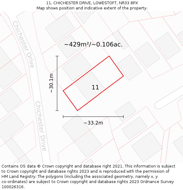 11, CHICHESTER DRIVE, LOWESTOFT, NR33 8PX: Plot and title map