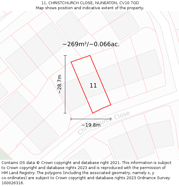 11, CHRISTCHURCH CLOSE, NUNEATON, CV10 7GD: Plot and title map