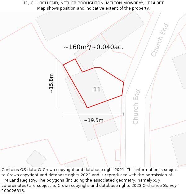 11, CHURCH END, NETHER BROUGHTON, MELTON MOWBRAY, LE14 3ET: Plot and title map