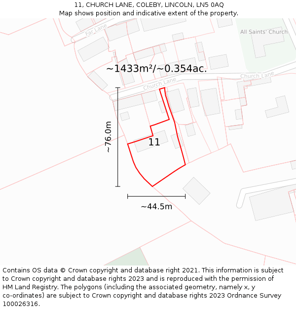 11, CHURCH LANE, COLEBY, LINCOLN, LN5 0AQ: Plot and title map