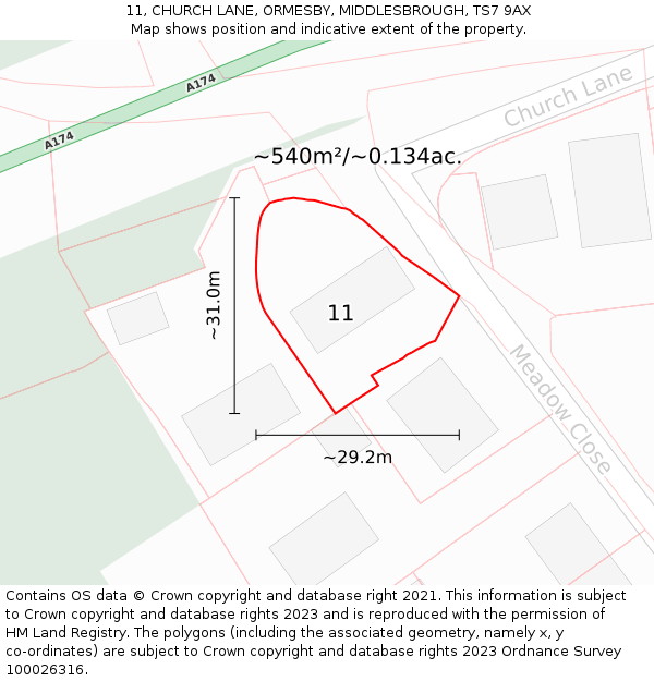 11, CHURCH LANE, ORMESBY, MIDDLESBROUGH, TS7 9AX: Plot and title map