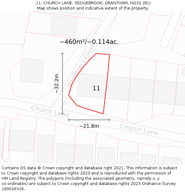 11, CHURCH LANE, SEDGEBROOK, GRANTHAM, NG32 2EU: Plot and title map