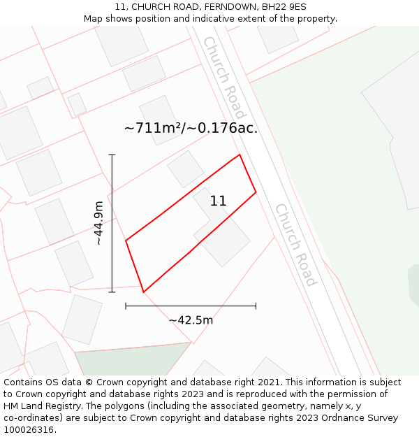 11, CHURCH ROAD, FERNDOWN, BH22 9ES: Plot and title map