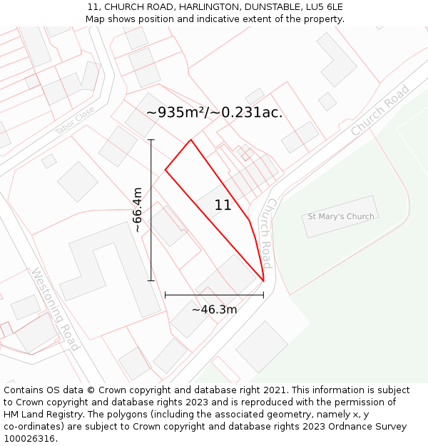 11, CHURCH ROAD, HARLINGTON, DUNSTABLE, LU5 6LE: Plot and title map