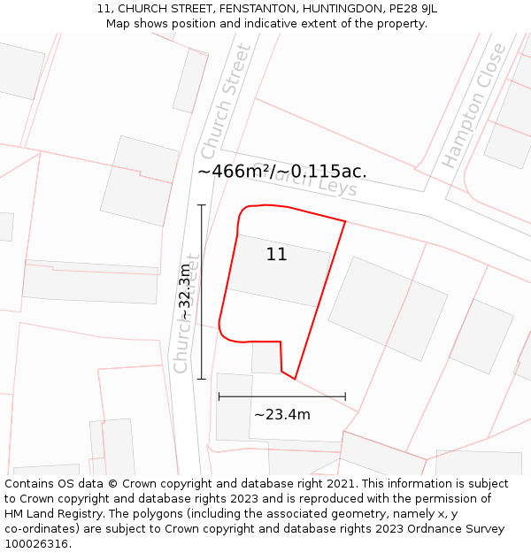 11, CHURCH STREET, FENSTANTON, HUNTINGDON, PE28 9JL: Plot and title map