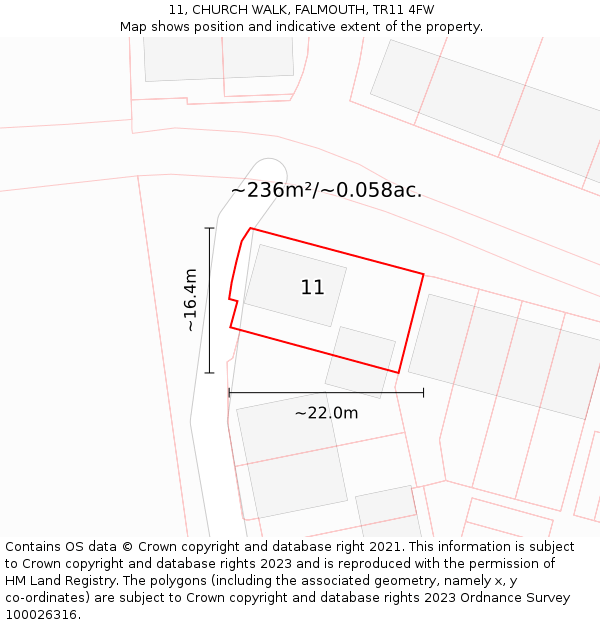 11, CHURCH WALK, FALMOUTH, TR11 4FW: Plot and title map