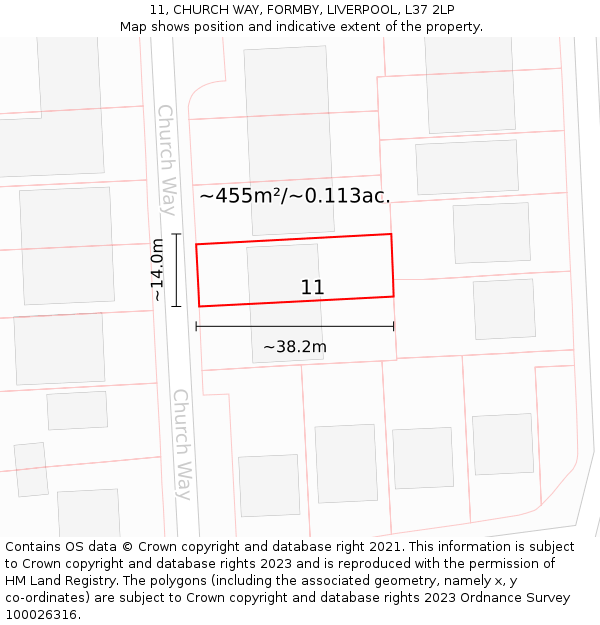 11, CHURCH WAY, FORMBY, LIVERPOOL, L37 2LP: Plot and title map