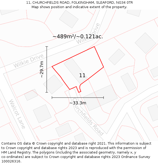 11, CHURCHFIELDS ROAD, FOLKINGHAM, SLEAFORD, NG34 0TR: Plot and title map