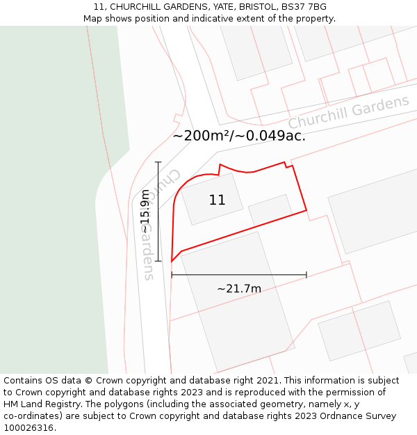 11, CHURCHILL GARDENS, YATE, BRISTOL, BS37 7BG: Plot and title map
