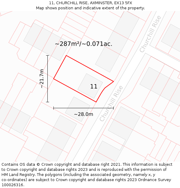 11, CHURCHILL RISE, AXMINSTER, EX13 5FX: Plot and title map