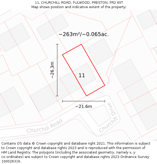 11, CHURCHILL ROAD, FULWOOD, PRESTON, PR2 6XT: Plot and title map