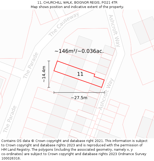 11, CHURCHILL WALK, BOGNOR REGIS, PO21 4TR: Plot and title map