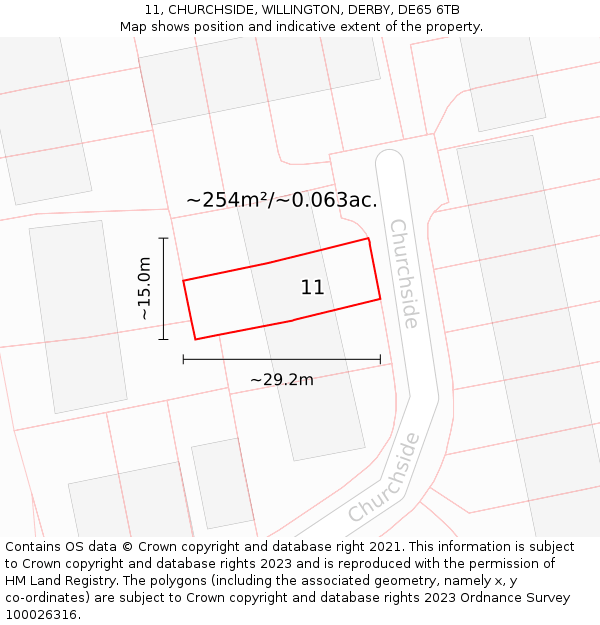 11, CHURCHSIDE, WILLINGTON, DERBY, DE65 6TB: Plot and title map