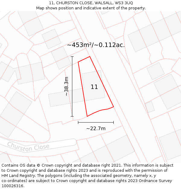 11, CHURSTON CLOSE, WALSALL, WS3 3UQ: Plot and title map