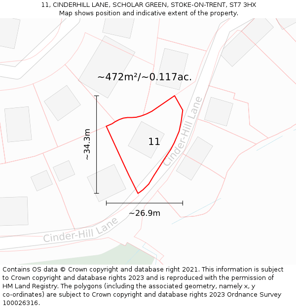 11, CINDERHILL LANE, SCHOLAR GREEN, STOKE-ON-TRENT, ST7 3HX: Plot and title map