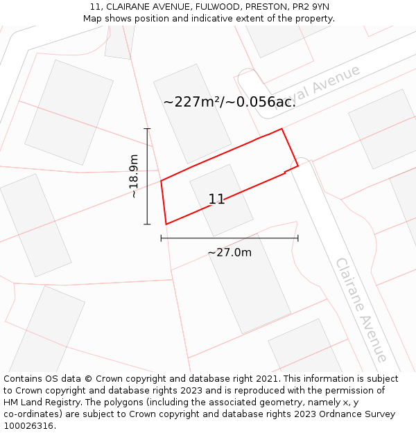 11, CLAIRANE AVENUE, FULWOOD, PRESTON, PR2 9YN: Plot and title map