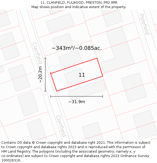 11, CLANFIELD, FULWOOD, PRESTON, PR2 9RR: Plot and title map