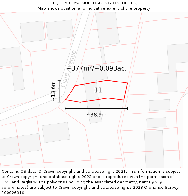 11, CLARE AVENUE, DARLINGTON, DL3 8SJ: Plot and title map