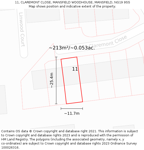 11, CLAREMONT CLOSE, MANSFIELD WOODHOUSE, MANSFIELD, NG19 9SS: Plot and title map