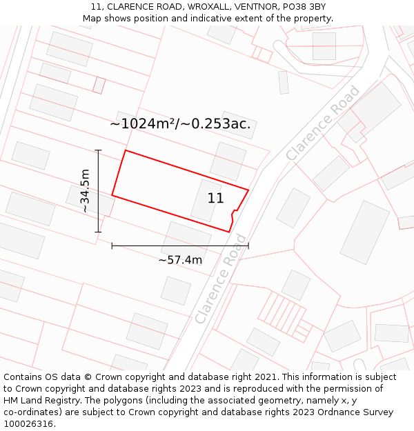 11, CLARENCE ROAD, WROXALL, VENTNOR, PO38 3BY: Plot and title map