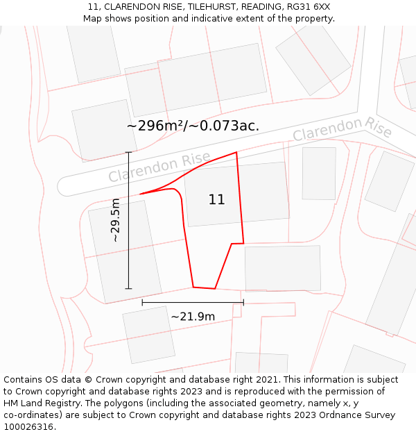 11, CLARENDON RISE, TILEHURST, READING, RG31 6XX: Plot and title map