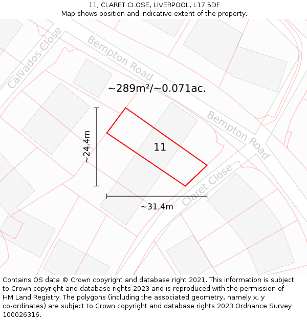 11, CLARET CLOSE, LIVERPOOL, L17 5DF: Plot and title map