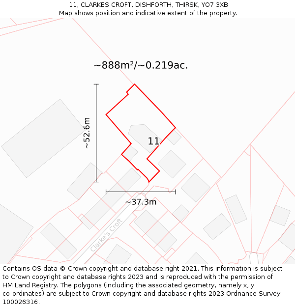 11, CLARKES CROFT, DISHFORTH, THIRSK, YO7 3XB: Plot and title map