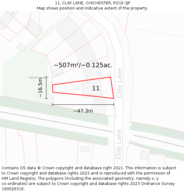 11, CLAY LANE, CHICHESTER, PO19 3JF: Plot and title map