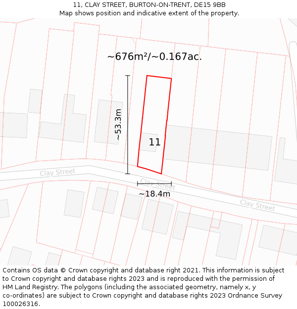 11, CLAY STREET, BURTON-ON-TRENT, DE15 9BB: Plot and title map