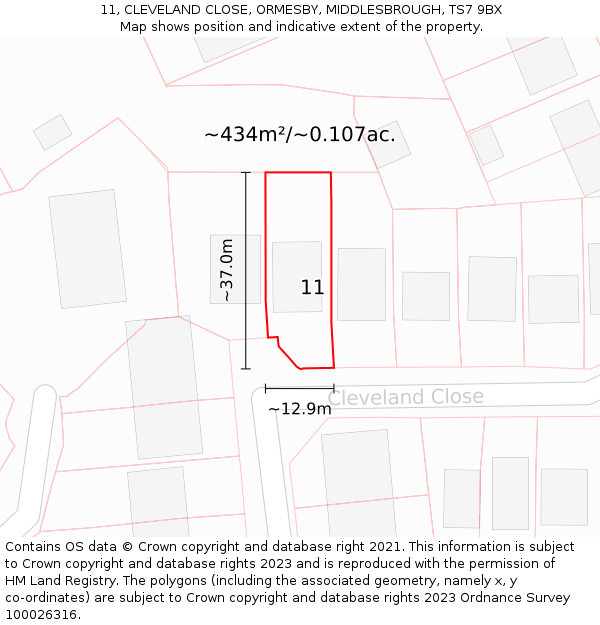 11, CLEVELAND CLOSE, ORMESBY, MIDDLESBROUGH, TS7 9BX: Plot and title map