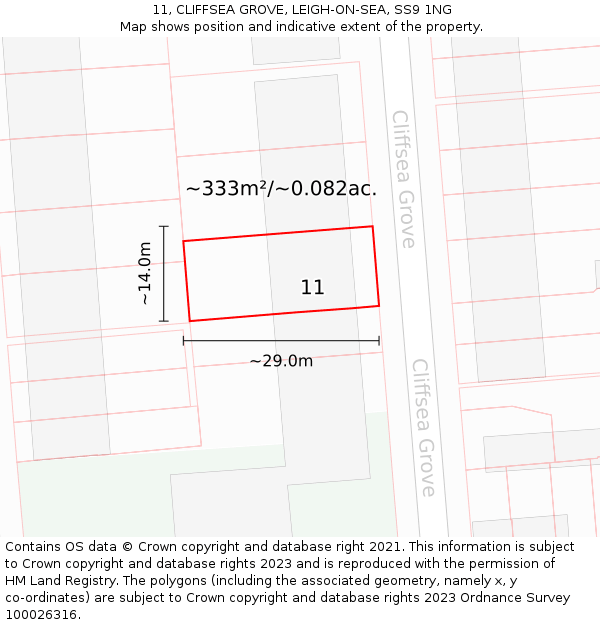 11, CLIFFSEA GROVE, LEIGH-ON-SEA, SS9 1NG: Plot and title map