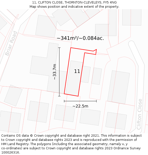 11, CLIFTON CLOSE, THORNTON-CLEVELEYS, FY5 4NG: Plot and title map