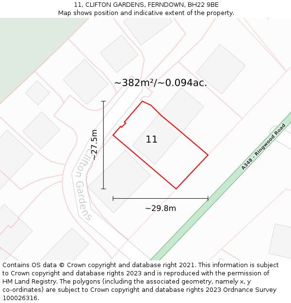 11, CLIFTON GARDENS, FERNDOWN, BH22 9BE: Plot and title map