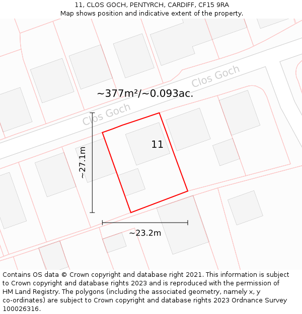 11, CLOS GOCH, PENTYRCH, CARDIFF, CF15 9RA: Plot and title map