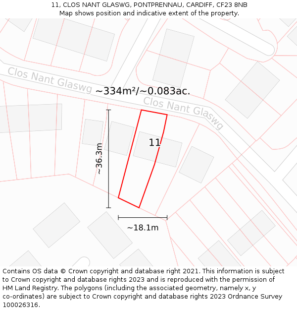 11, CLOS NANT GLASWG, PONTPRENNAU, CARDIFF, CF23 8NB: Plot and title map