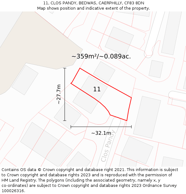 11, CLOS PANDY, BEDWAS, CAERPHILLY, CF83 8DN: Plot and title map