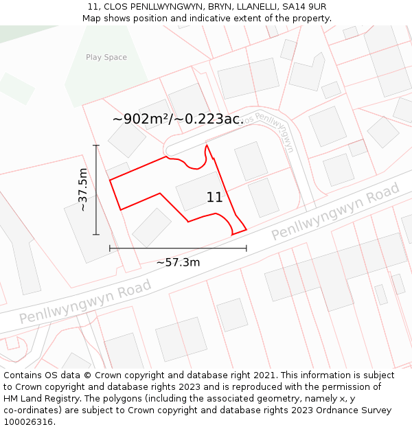 11, CLOS PENLLWYNGWYN, BRYN, LLANELLI, SA14 9UR: Plot and title map