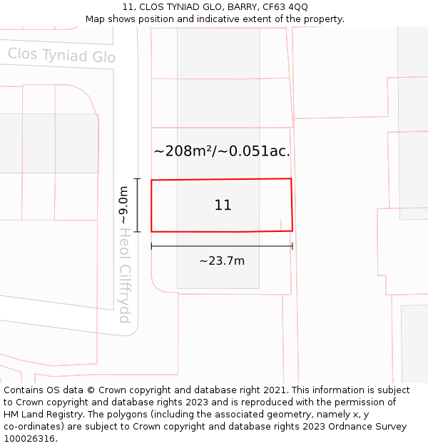 11, CLOS TYNIAD GLO, BARRY, CF63 4QQ: Plot and title map