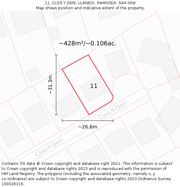 11, CLOS Y DERI, LLANEDI, SWANSEA, SA4 0XW: Plot and title map