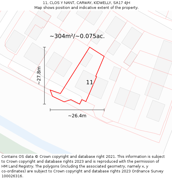 11, CLOS Y NANT, CARWAY, KIDWELLY, SA17 4JH: Plot and title map